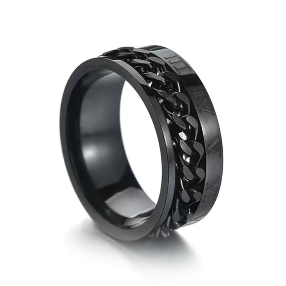 Black Roman Numeral Chain Anxiety Fidget Spinner Ring - Picture 3 of 7